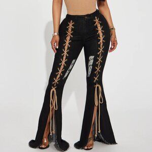 Fashion Nova Lace Up Flare Jeans - Black Wash - NEW with Tags Cowboy/Cowgirl